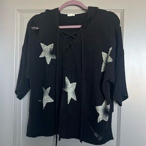 POL Star Print Distressed short Sleeve Pullover Hoodie